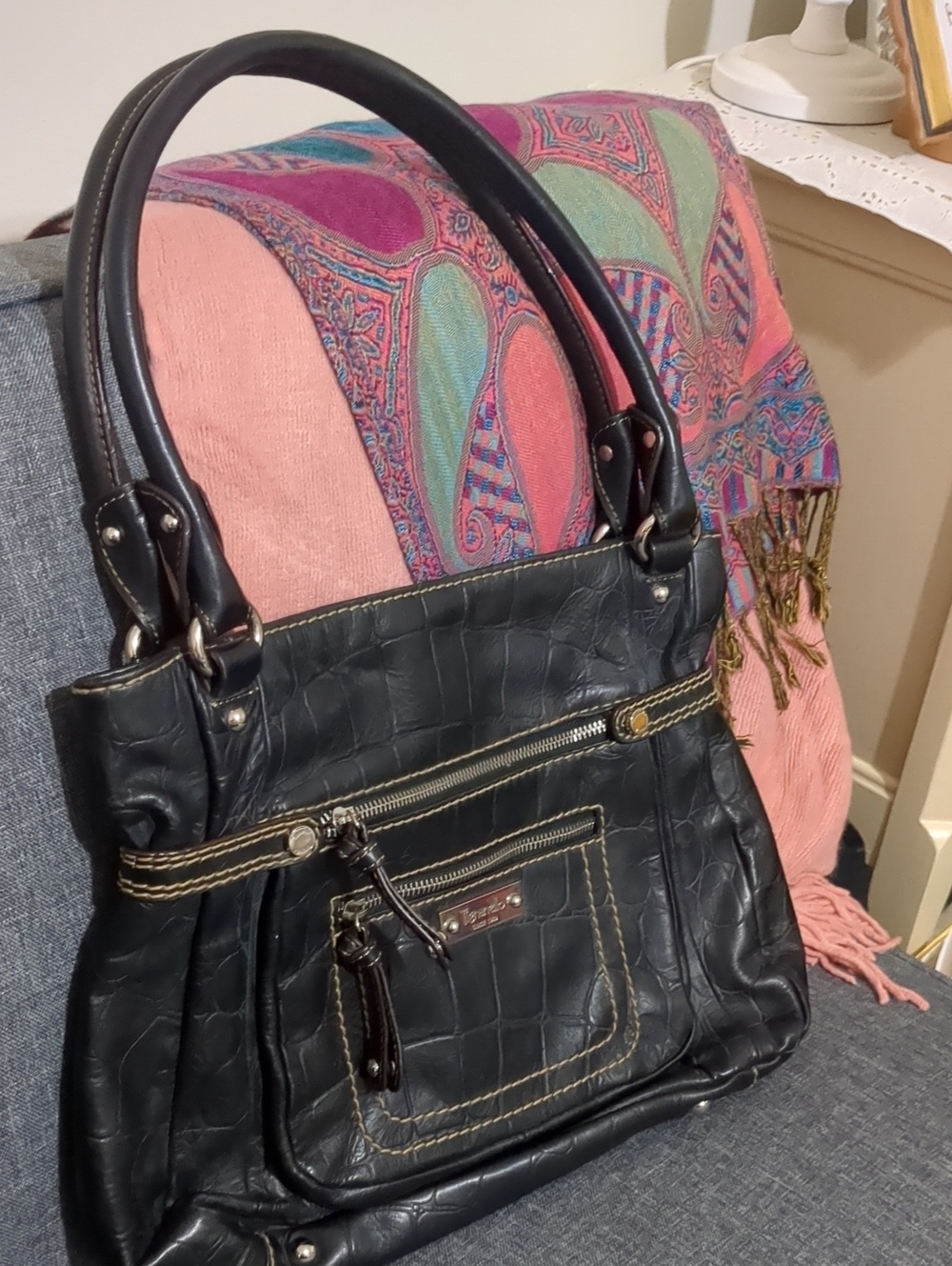 Tignanello Black Croc-Embossed Shoulder Bag with Contrast Stitching